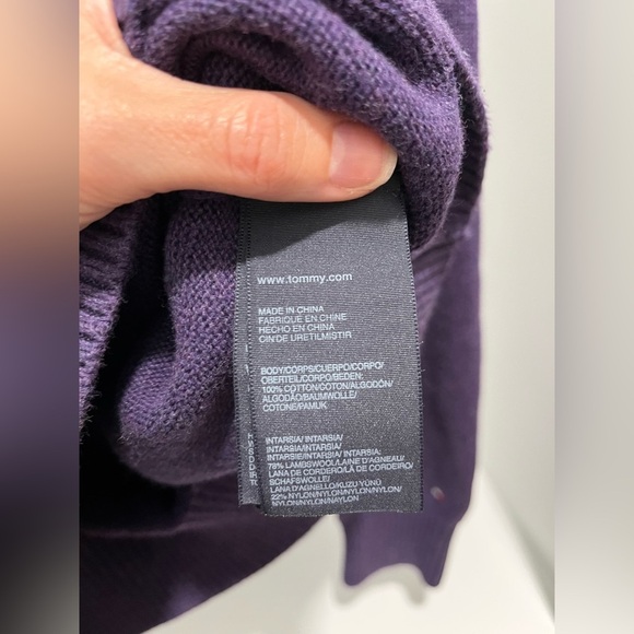 TOMMY HILFIGER Intarsia Bulldog Sweater Purple M Vintage cotton elbow patches - Picture 6 of 11